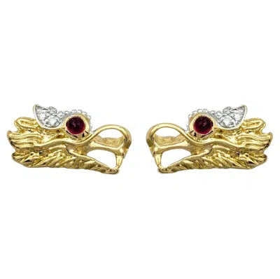 Pre-owned John Hardy Naga Legend Dragon Head Stud Earrings With Diamonds & Rubies 18k Gold In Multi