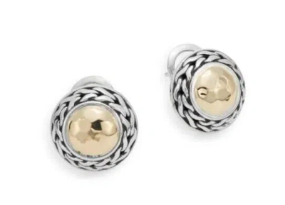 Pre-owned John Hardy Palu 18k Gold Sterling Silver Medium Round Stud Earrings $775 In Silver/gold