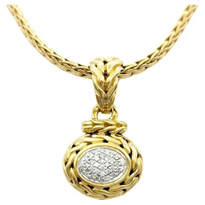 Pre-owned John Hardy Pavé Diamond Oval Pendant Necklace With Woven Chain 18k Yellow Gold