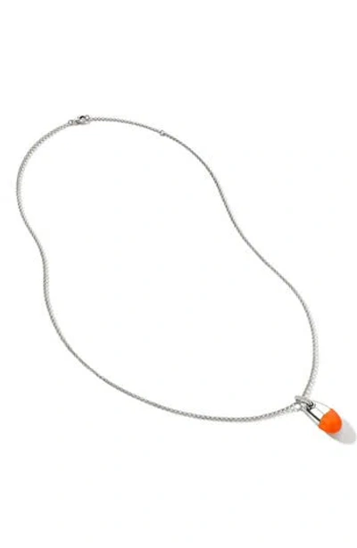 John Hardy Pebble Silver Diamond Pavé (0.04ct) Pendant On 2mm Rolo Chain Necklace With Neon Orange E