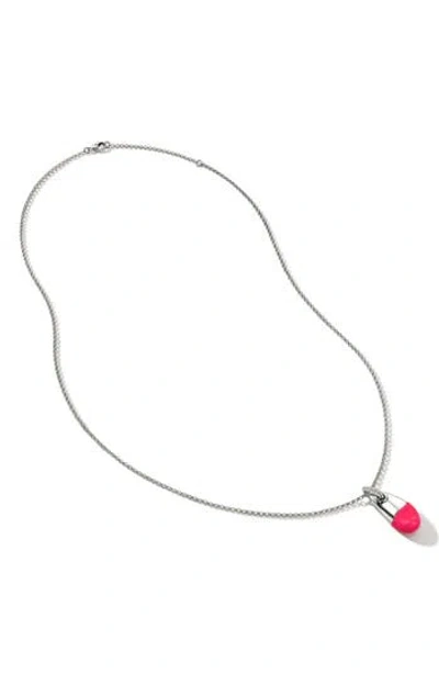 John Hardy Pebble Silver Diamond Pavé (0.04ct) Pendant On 2mm Rolo Chain Necklace With Neon Pink Ena In Metallic