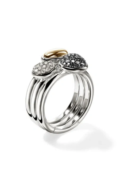 John Hardy Pebble Stacking Rings, Sterling Silver, Gold, Black Sand Diamond Pavé