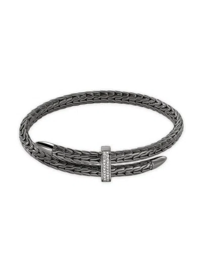 John Hardy Spear Black-rhodium-plated & 0.24 Tcw Diamond Bypass Flexible Cuff In Silver
