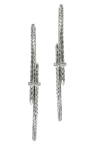 John Hardy Spear Hoop Earrings, Silver, Diamonds, 77mm In Gray
