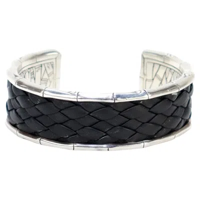 Pre-owned John Hardy Sterling Silver & Leather Bamboo Cuff Bracelet In Multi