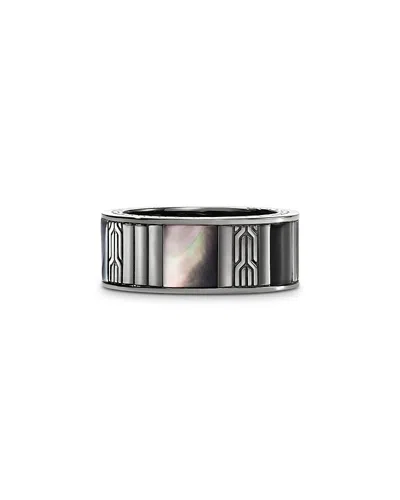 JOHN HARDY STERLING SILVER BLACK ONYX, HEMATITE & BLACK MOTHER OF PEARL CARVED CHAIN BAND RING
