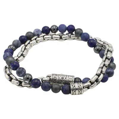 Pre-owned John Hardy Sterling Silver Box Chain Double Wrap Blue Stone Chain Link Bracelet