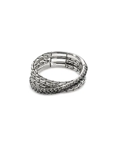 JOHN HARDY STERLING SILVER JH ESSENTIALS BLACK SAPPHIRE PAVE CROSSOVER STATEMENT RING
