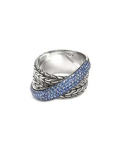 JOHN HARDY STERLING SILVER JH ESSENTIALS BLUE SAPPHIRE PAVE CROSSOVER STATEMENT RING