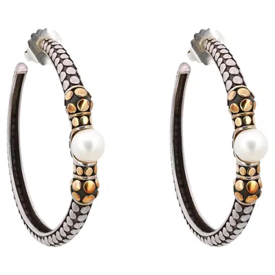 Pre-owned John Hardy White Pearl Big Hoop Earrings 925 Sterling Silver 18k Yellow Gold