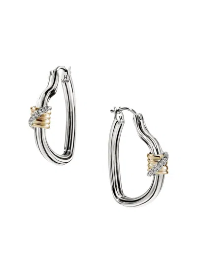 John Hardy Women's Bamboo J Hoop 14k Gold & Sterling Silver & 0.07 Tcw Diamond Pavé Earrings