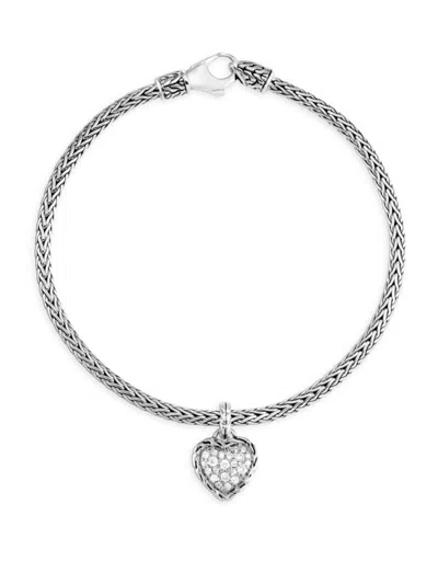 John Hardy Women's Classic Chain Silver & White Diamond Heart Braided Bangle Bracelet