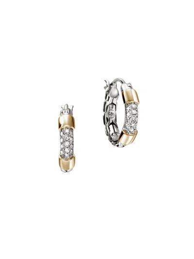 John Hardy 14k Yellow Gold And Sterling Silver Chain-link White Diamond Hoop Earrings