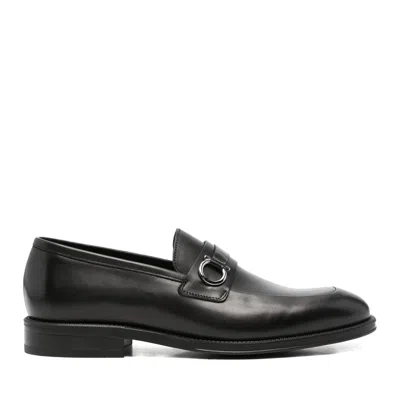 John Harrison Black Leather Metallic Buckle Loafers