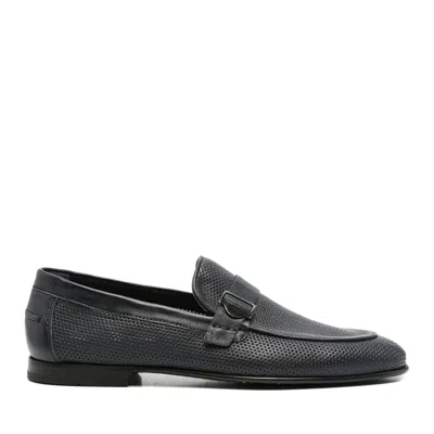 John Harrison Blue Perforated Leather Buckle Loafers In Black