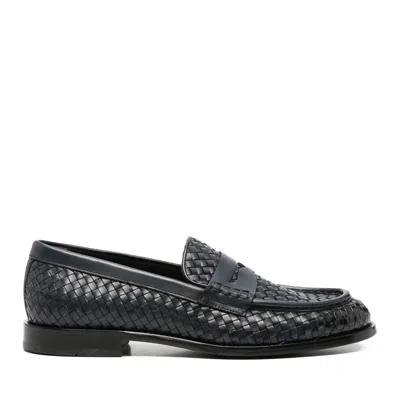 John Harrison Blue Woven Leather Penny Strap Loafers