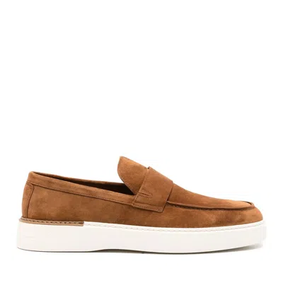 John Harrison Brown Suede Penny Strap Rubber Sole Loafers In Orange