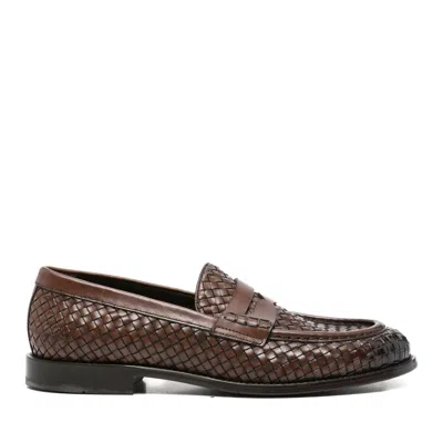 John Harrison Brown Woven Leather Penny Strap Loafers In Black