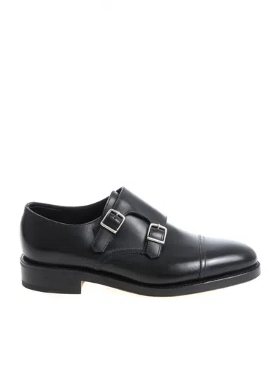 JOHN LOBB HAND-SEWN BLACK CALF LEATHER DOUBLE BUCKLE SHOE