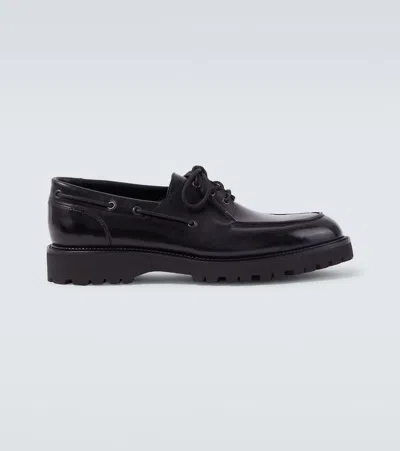 John Lobb Leather Boat Shoes In Black