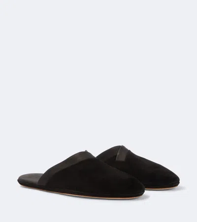 John Lobb Leather-trimmed Suede Slippers In Black