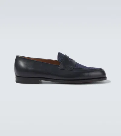 John Lobb Lopez Leather And Denim Penny Loafers In Black