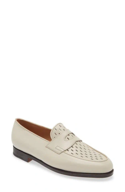 John Lobb Lopez Perforated Penny Loafer In Chalk