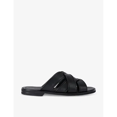 John Lobb Mens Black Salt Cross-over Leather Sliders