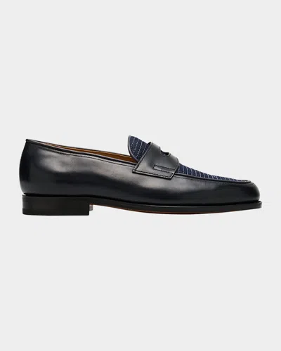 John Lobb Men's Lopez Denim And Leather Penny Loafers In Midnight/dark Blue