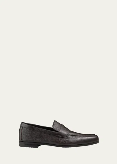 John Lobb Men's Thorne Soft Textured Leather Penny Loafers In Dark Brown