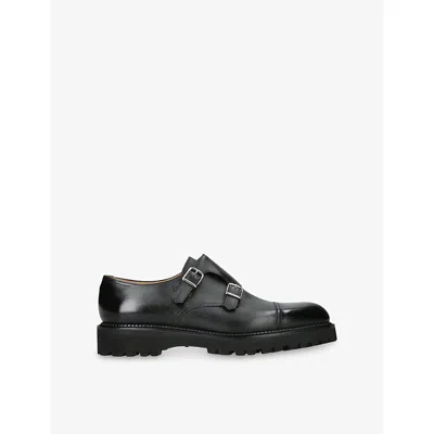 John Lobb Mens Black William Double-buckle Leather Shoes Eur 46 / 12 Uk In Animal Print