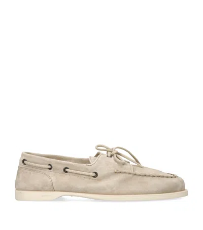 John Lobb Suede Foil Boat Shoes In Sand