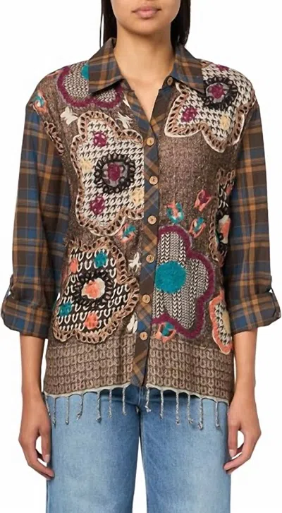John Mark Button Front Top With Tassel Details In Multi In Brown