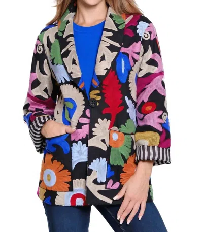 John Mark Embroidered Oversized Pocket Blazer In Black Multi In Blue