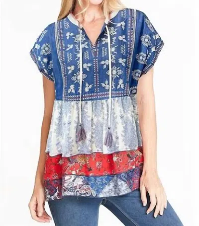 John Mark Embroidered Tassle Mixed Print Top In Blue And White