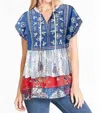 John Mark Embroidered Tassle Mixed Print Top In Blue And White In Multi
