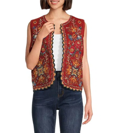 John Mark Embroidered Velvet Beaded Floral Patchwork Vest In Terracotta In Red