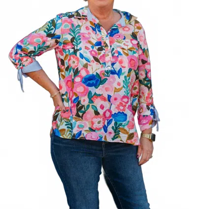 John Mark Floral Print Button Front Patch & Roll Tab Sleeve In Multi