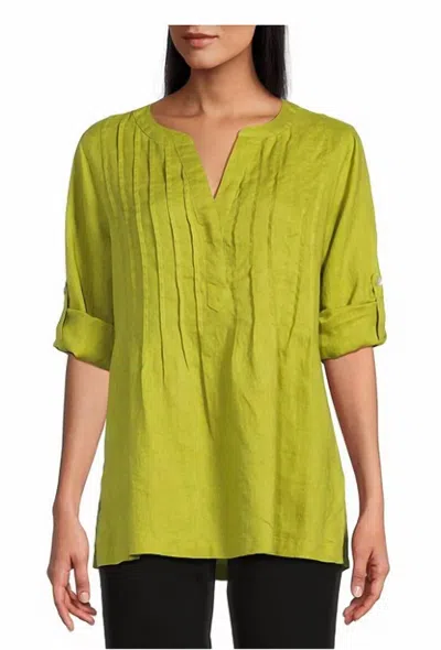 John Mark Linen V Neck Top In Green