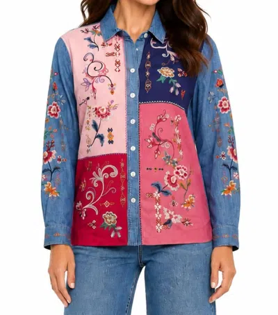 John Mark Multi Embroidered Collared Blouse In Missy In Blue