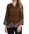 John Mark Pintuck Embroidered Top In Brown Print In Multi