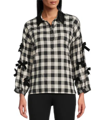 John Mark Plaid Button Up Top With Velvet Collar In Black In Multi