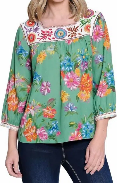 John Mark Print Peasant Top In Green Floral