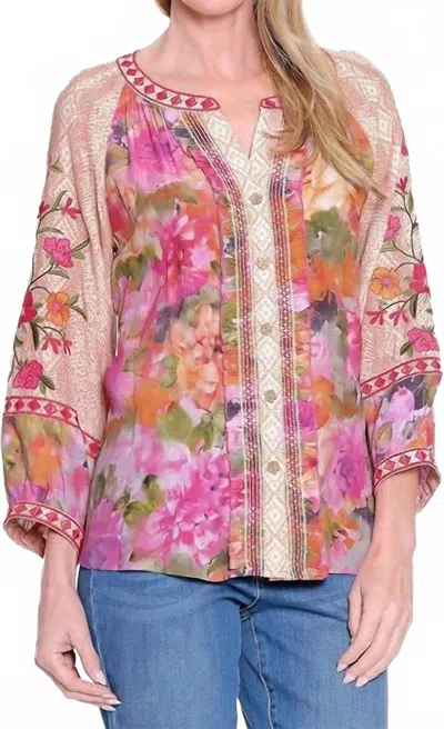 John Mark Printed Button Front Split Neck Top In Purple Floral In Pink