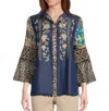 John Mark Women's Embroidered Button Front Top In Navy Multi In Multi