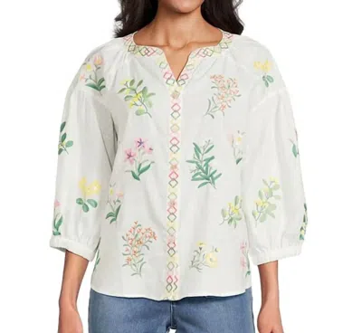 John Mark Woven Embroidered Split V-neck 3/4 Blouson Sleeve Top In White Floral