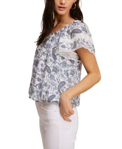 John Paul Richard Leno Gauze Printed Peasant Top With Lace Trim Sleeve In Chambray,white