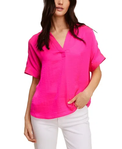 John Paul Richard Solid Washer Woven Split Neck Top In Pink