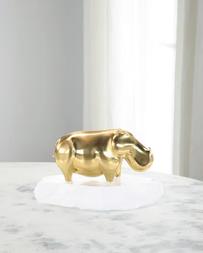 John-richard Brass Hippo On Selenite Scuplture In Clear