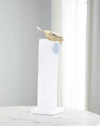 John-richard Collection Brass Bird Sculpture On Selenite Roost Ii In White